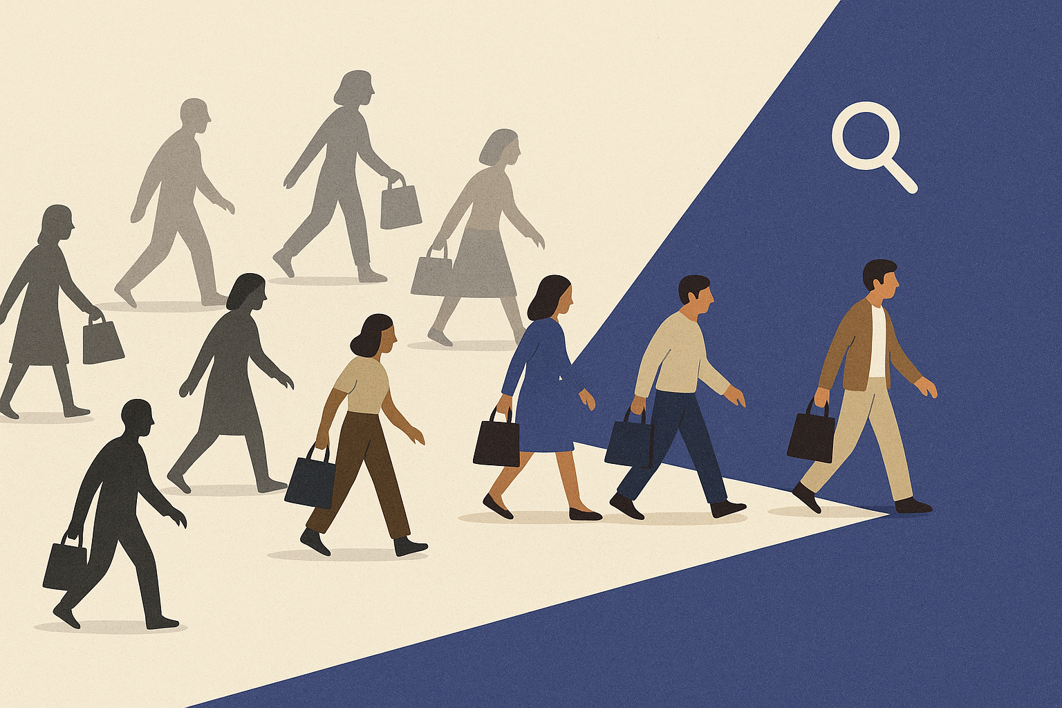 Illustration of shoppers becoming clearer as they move into a blue spotlight, symbolizing research clarifying customer intent.