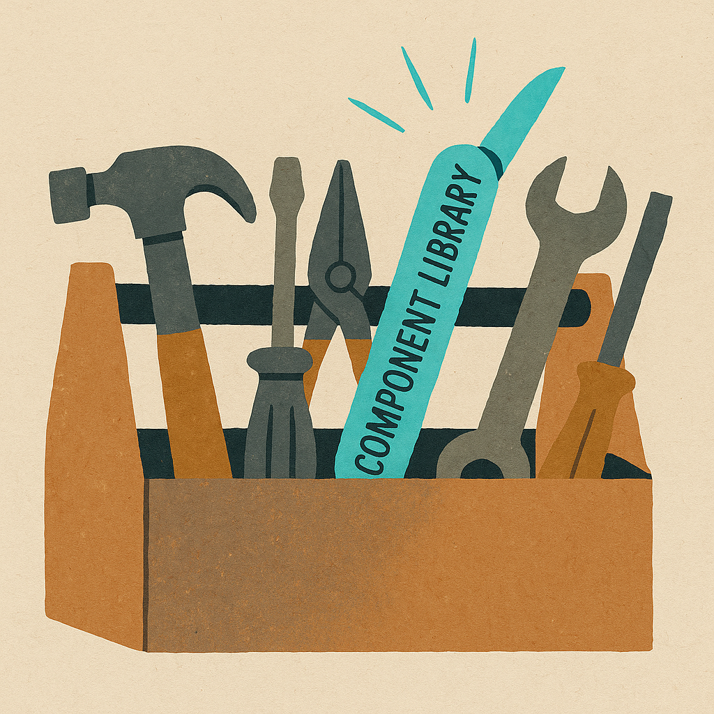 Toolbox with one standout tool labeled “Component Library” — symbolizing flexible Shopify customization.