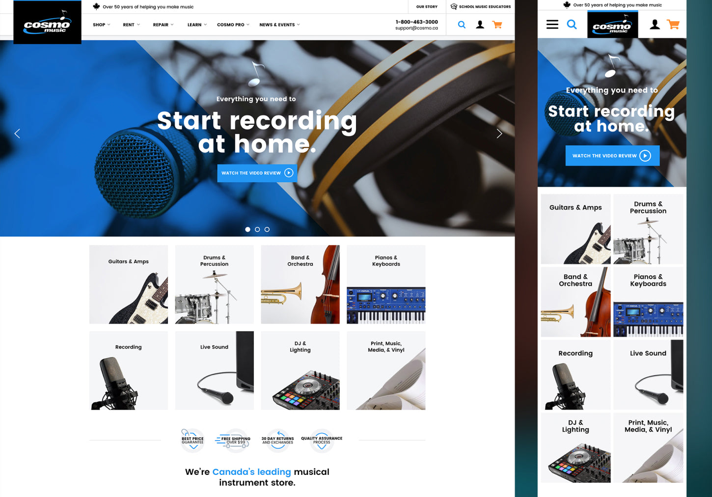 Cosmo Music homepage with 'Start recording at home' headline and product categories.