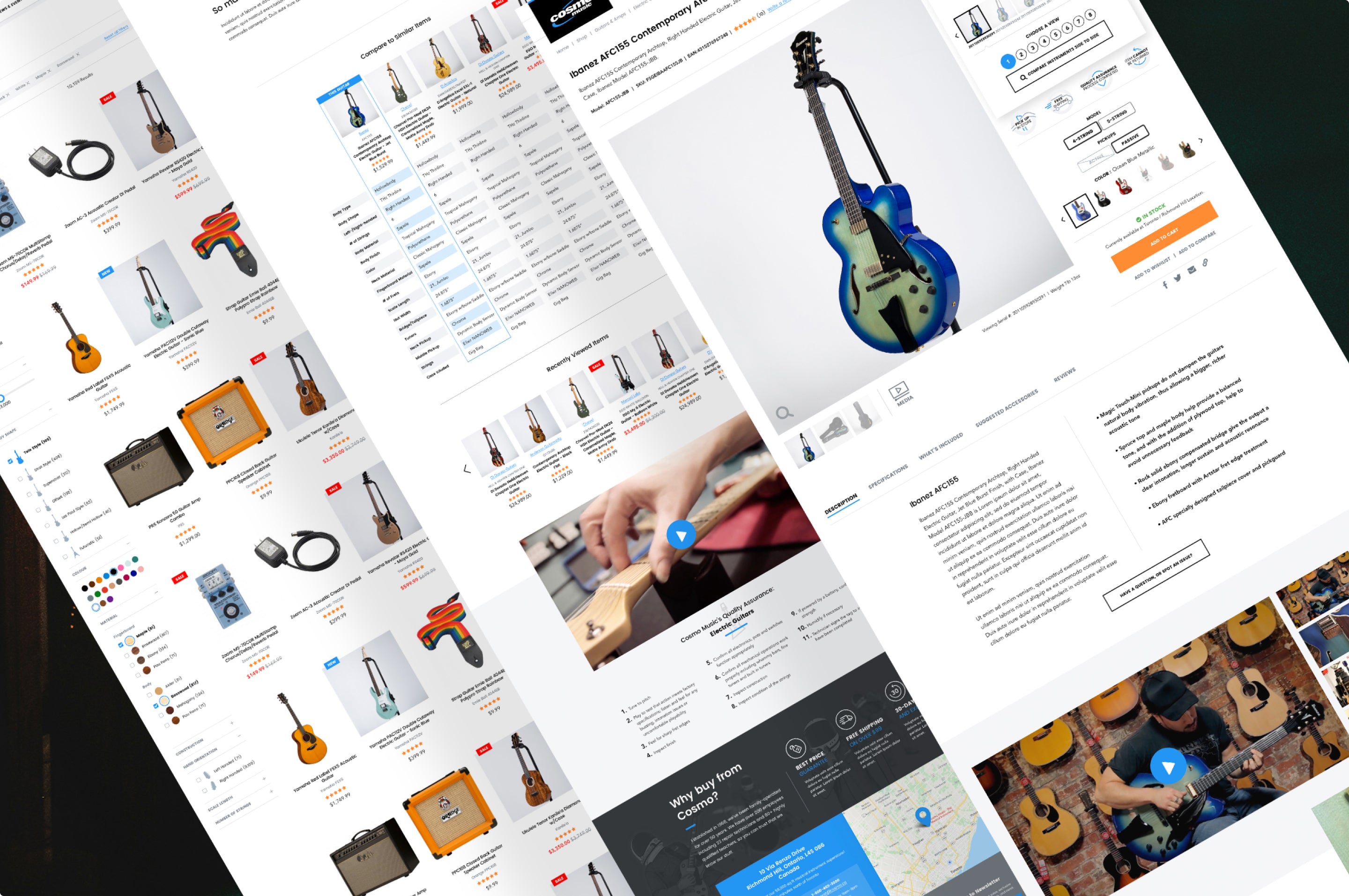 Collage of Cosmo Music web elements, guitar, accessories, and multimedia content.