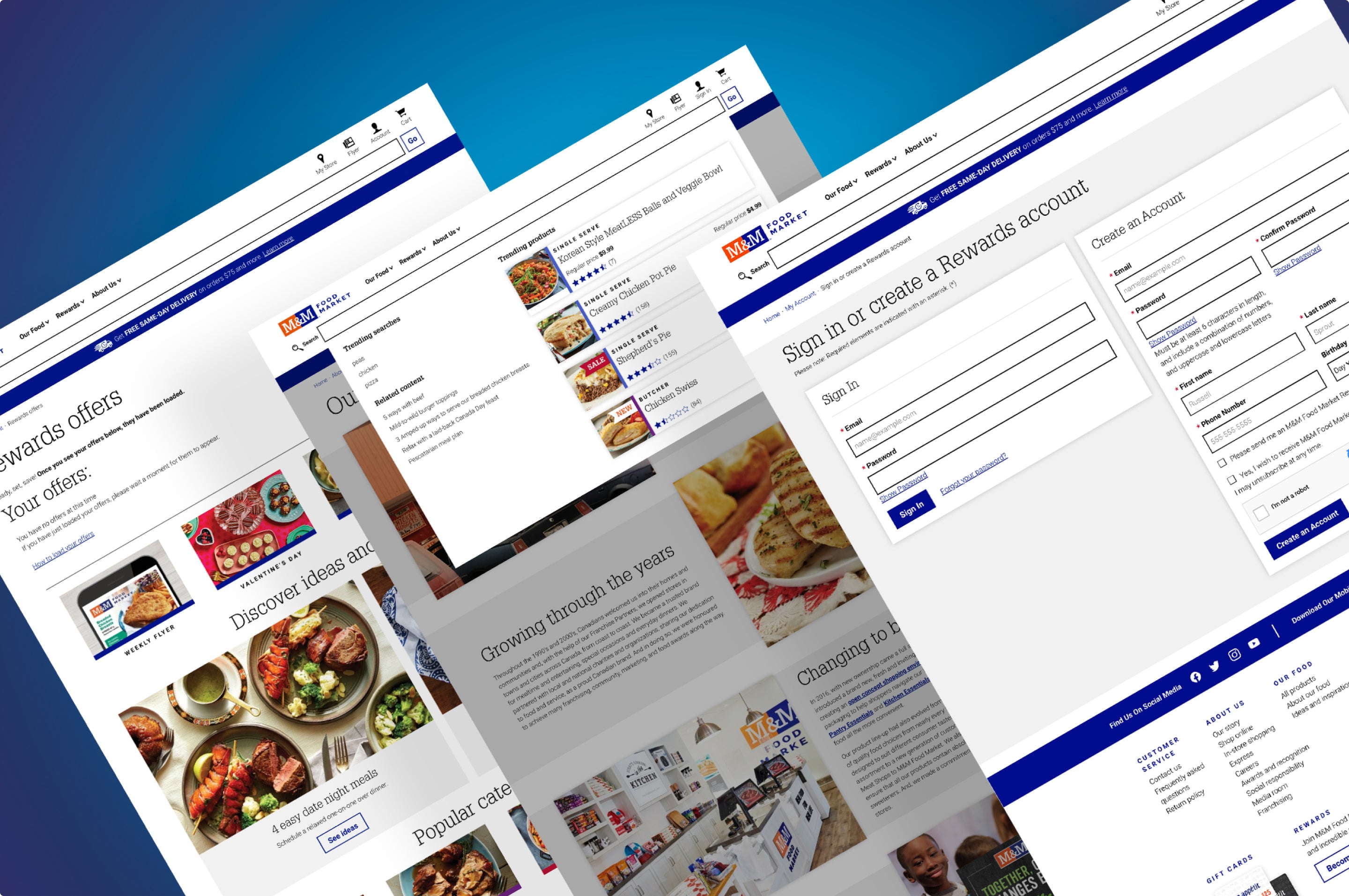 A collage showcasing various web pages from M&M Food Market's website.