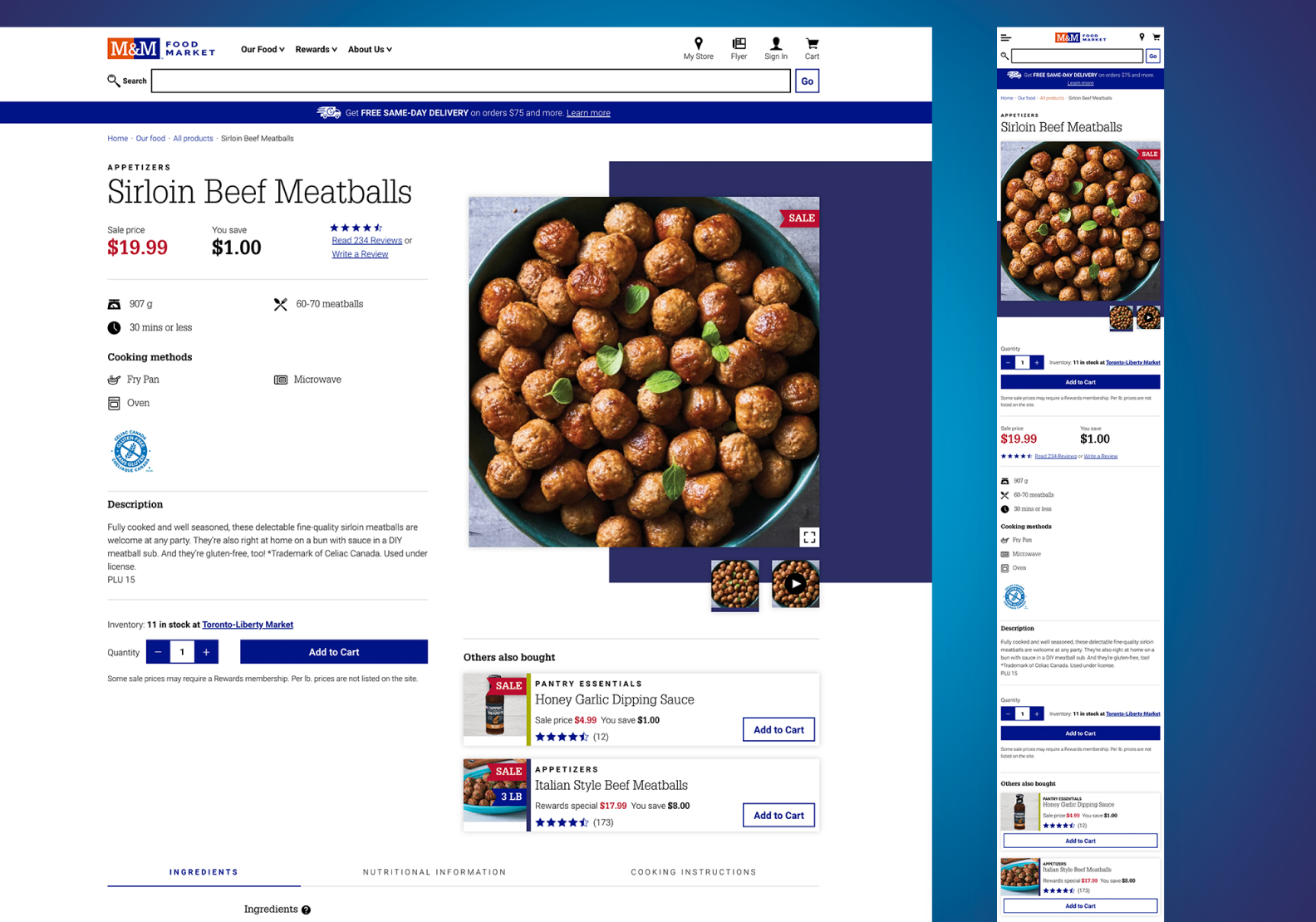 A desktop and mobile view of an M&M Food Market product page.