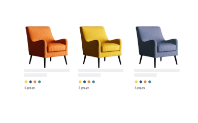 Three colorful chairs on a general retailer's listing page.
