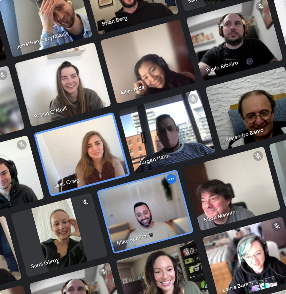 A collage of smiling Syatt team members on a video conference call.