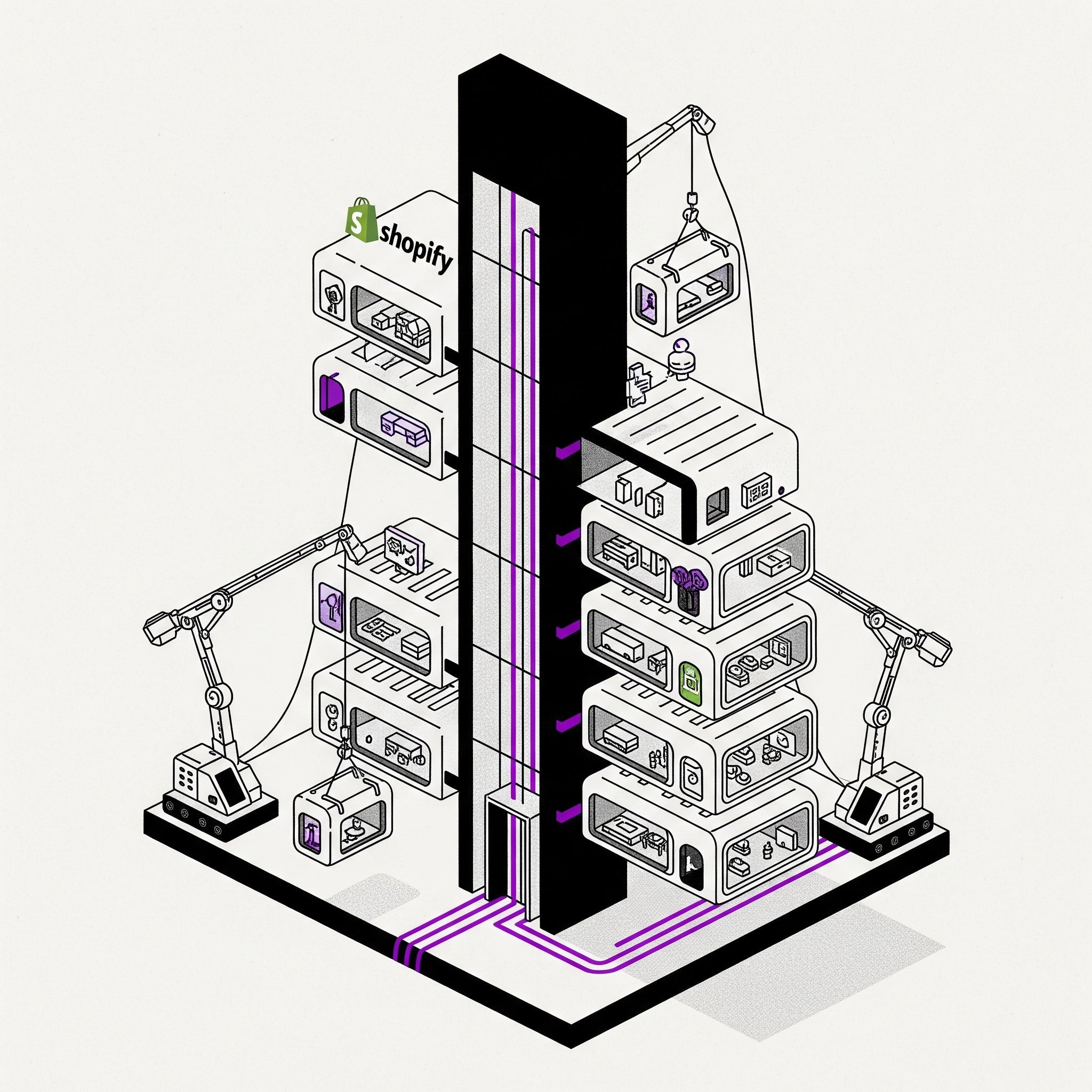 Isometric illustration of a modular building with Shopify at the core, surrounded by plug-and-play ecommerce tools being installed by robotic arms.
